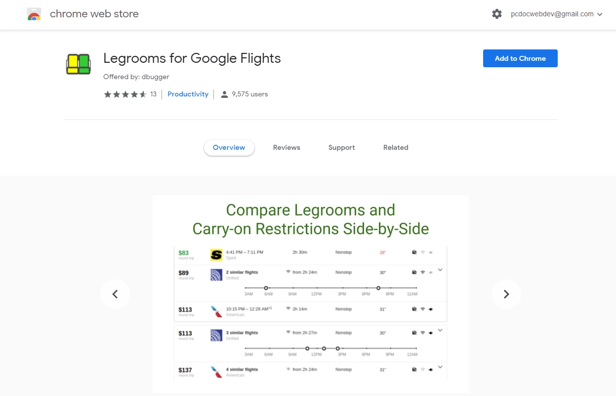 Google Chrome - Legroom - to enhance your Google Flights experience
