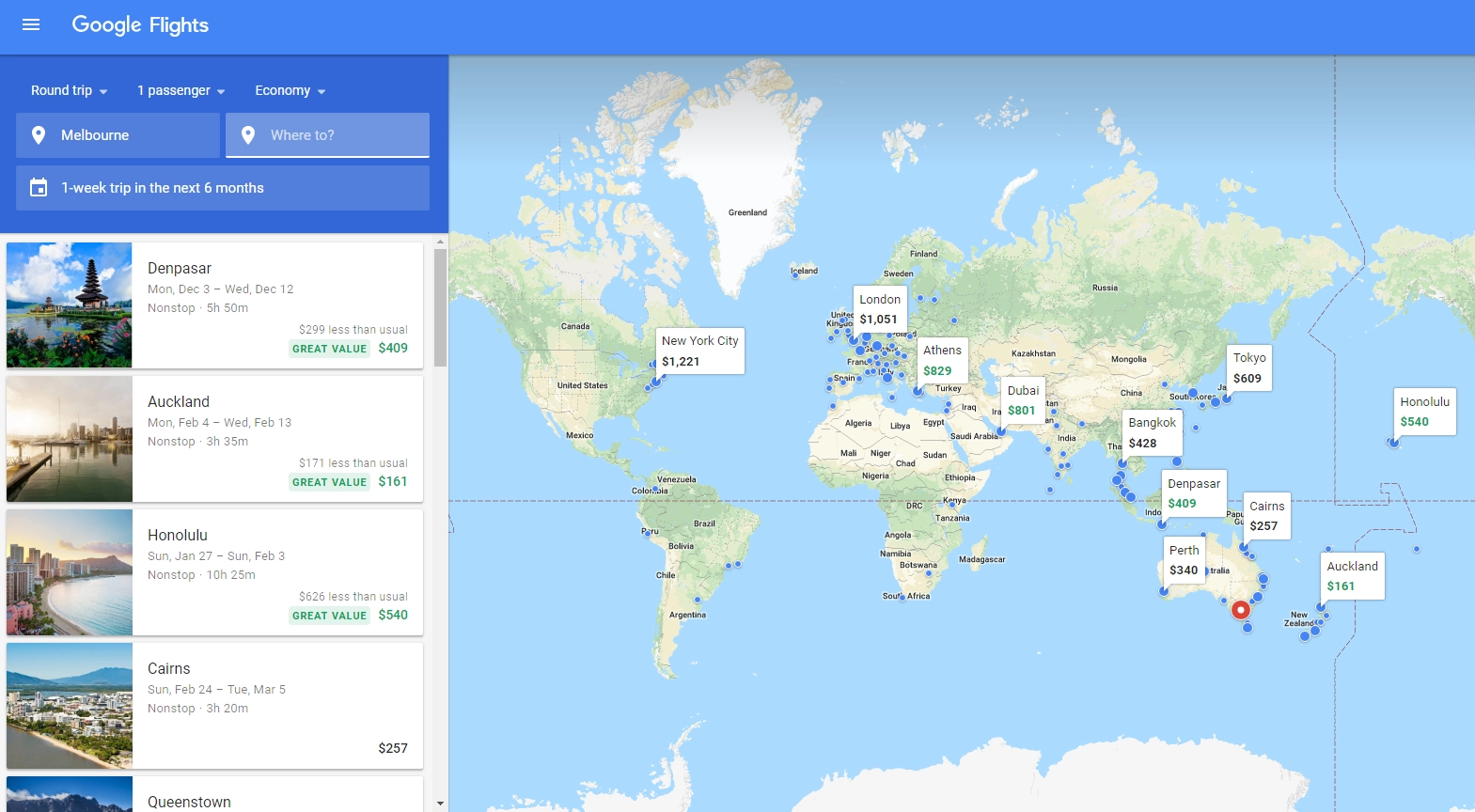 Google Flights - Discovering Destination - Global map