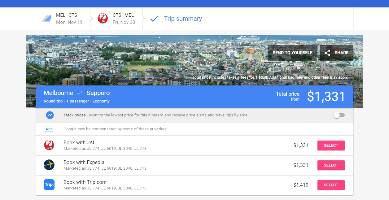Google Flights - Price Comparsion for the selected flight