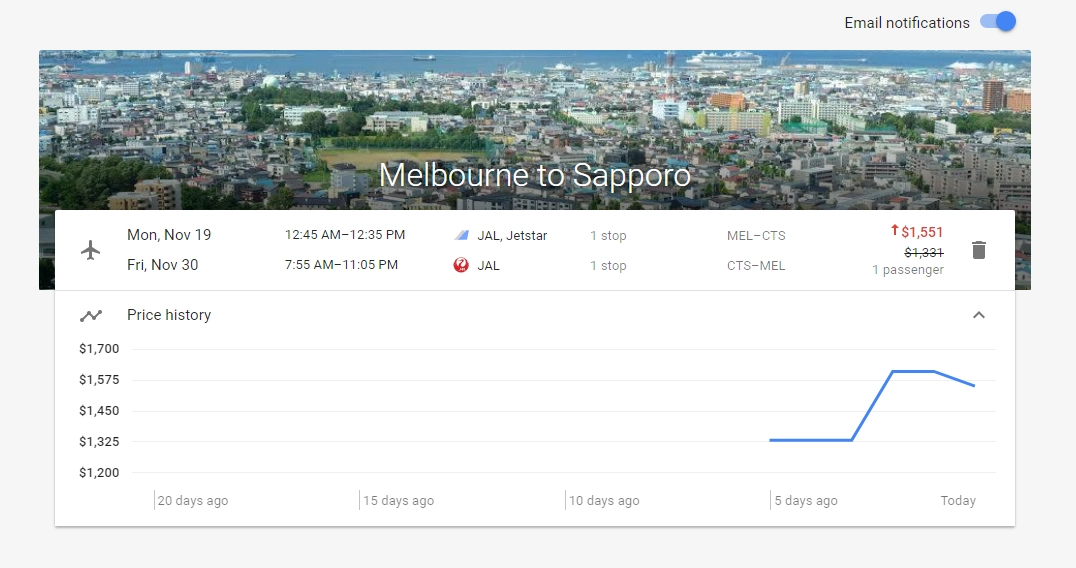 Google Flights - price tracking for selected flight