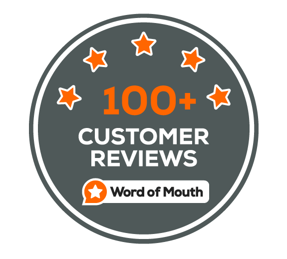 100+ Customer Reviews Milestone Badget - Word of Mouth